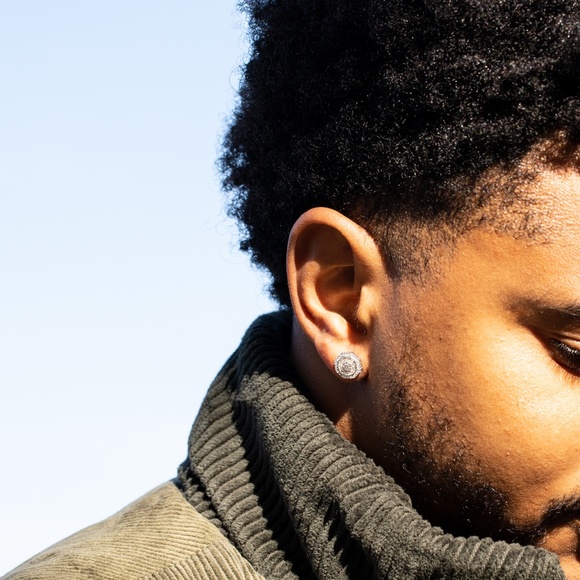 Octagon Shaped Mens White Gold Plated 925 Sterling Iced Cz Rock Stud Earrings - Picture 2 of 5